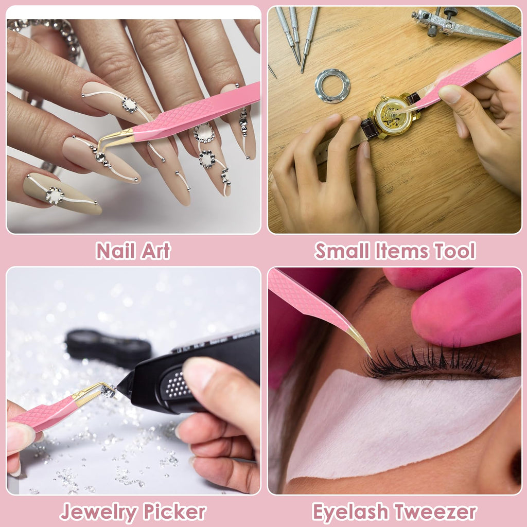 Tyqour 2Pcs Lash Tweezers for Eyelash Extensions 90 Degree Eyelash Extension Tweezers Fiber Tip Lash Tweezers False Eyelash Tweezers Lash Cluster Tweezers for Volume Lashes, Pink