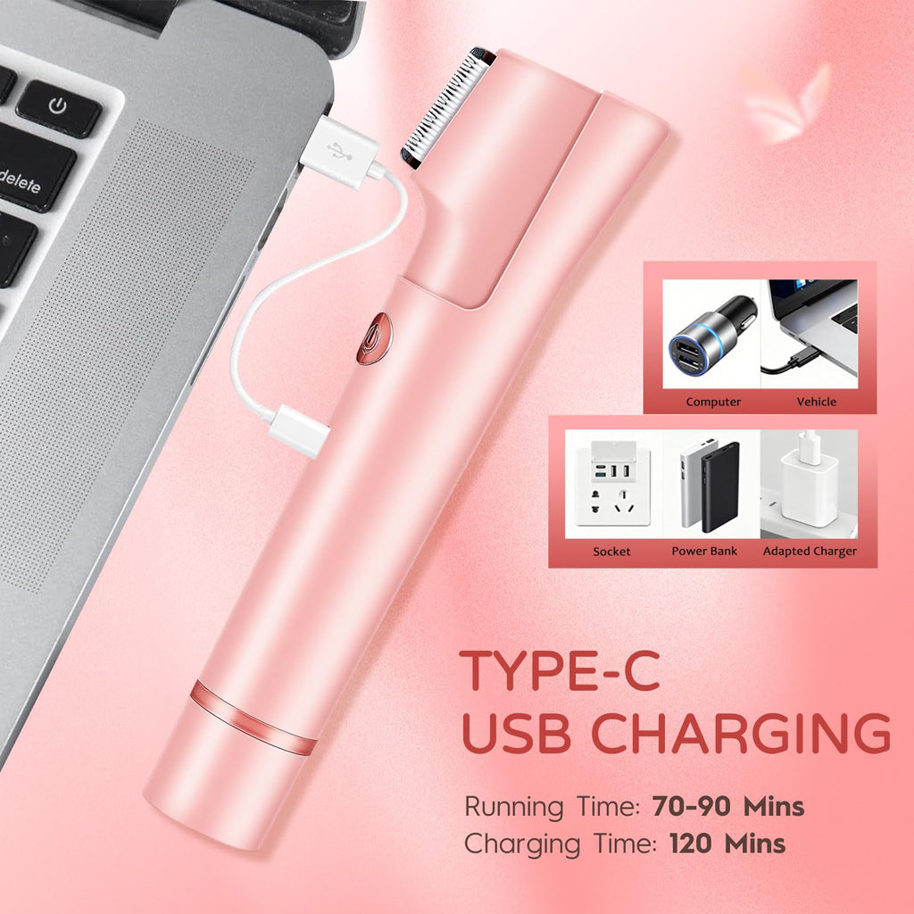 2-in-1 Electric Bikini Trimmer for Women, Dual Head Women’s Shaver & Razor, IPX7 Waterproof Cordless Hair Removal, Rechargeable Ceramic Blade Kit for Face Pubic Legs Underarm, Pink