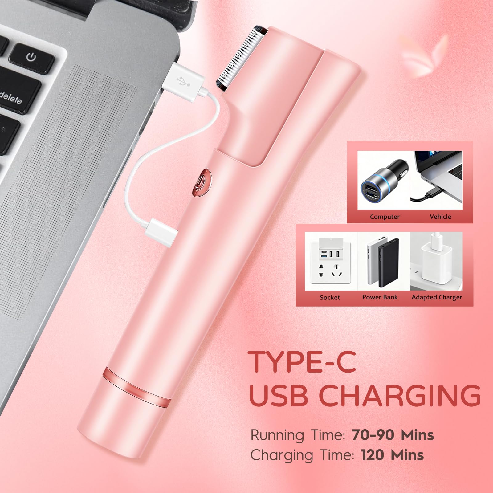 2-in-1 Electric Bikini Trimmer for Women, Dual Head Women’s Shaver & Razor, IPX7 Waterproof Cordless Hair Removal, Rechargeable Ceramic Blade Kit for Face Pubic Legs Underarm, Pink