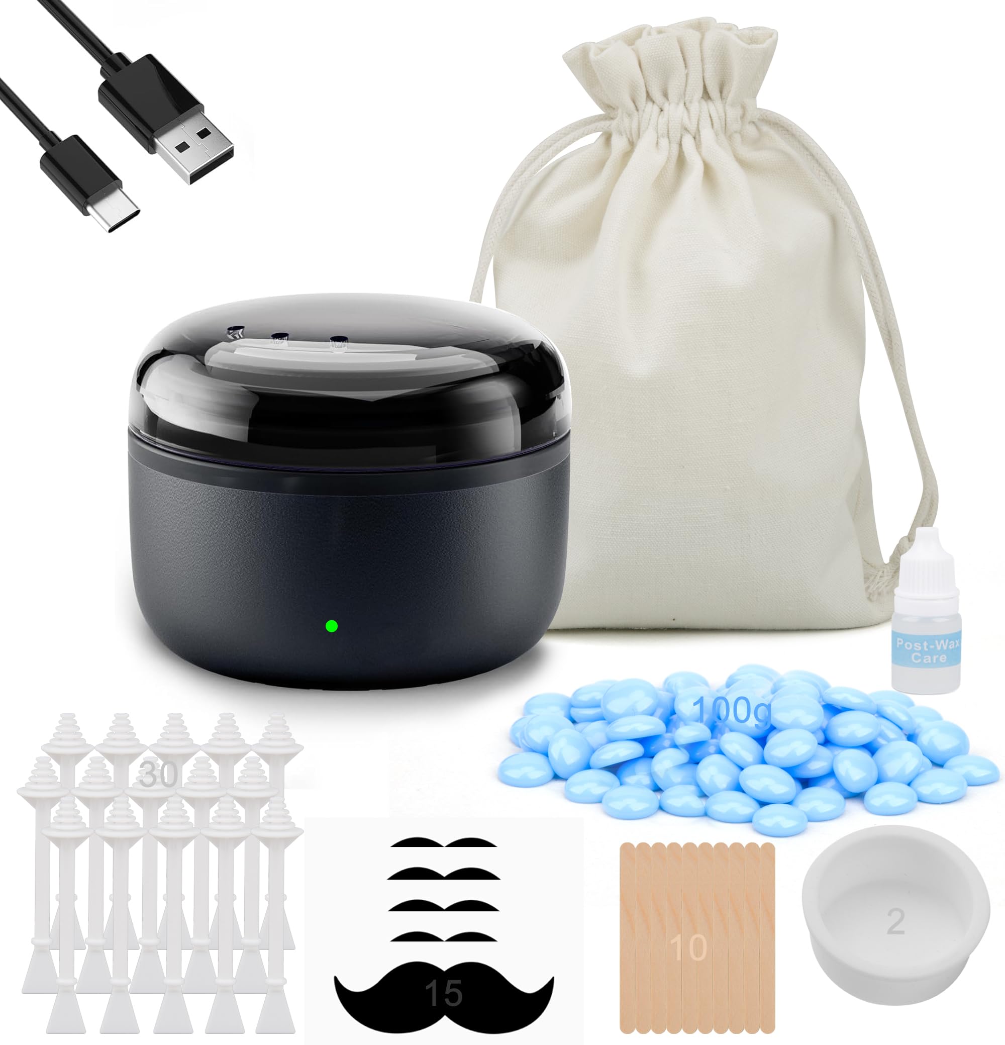 STORICANS Portable Nose Wax Kit for Men & Women - Mini USB Wax Warmer with 100g Wax Beads, 30 Nose Sticks, 10 Applicators, 2 Silicone Pots & Organizer Bag - At-Home Nose Ear Hair Removal Kit