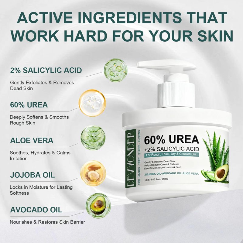 Urea Cream 60 Percent for Feet Maximum Strength with 2% Salicylic Acid 8.45 oz, Foot Cream for Dry Cracked Heels and Feet with Jojoba Oil, Avocado Oil & Aloe Vera, Urea Lotion for Callus Remover