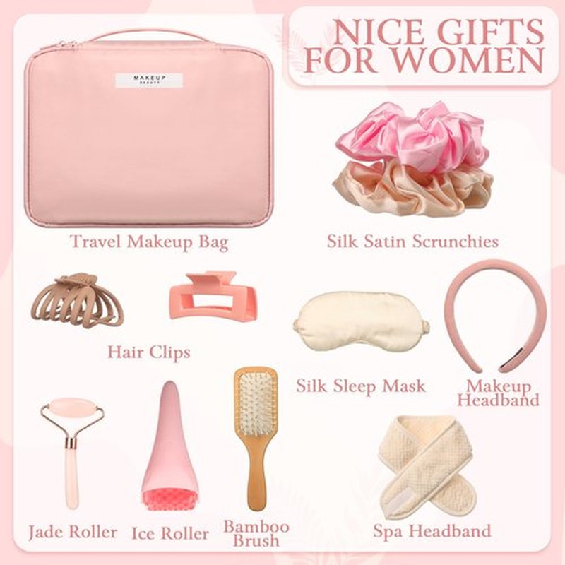 Sawysine 11 Pcs Valentine's Day Pink Gift Box for Women Valentines Pink Birthday Basket Gifts Travel for Valentines Aesthetic Bags Makeup and Skin Care Spa Kit Mom Teacher Girlfriend