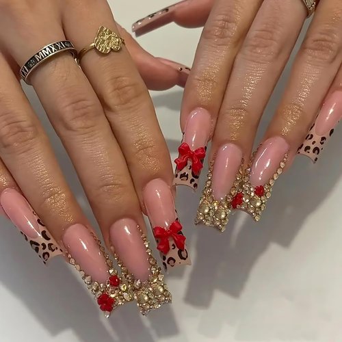 Gold Bling Rhinestones Press on Nails Long Square Fake Nail Leopard Print French Tip False Nails with Red Bow Charms Designs Full Cover Artificial Stick on Nail Acrylic Glue on Nail for Women 24 Pcs