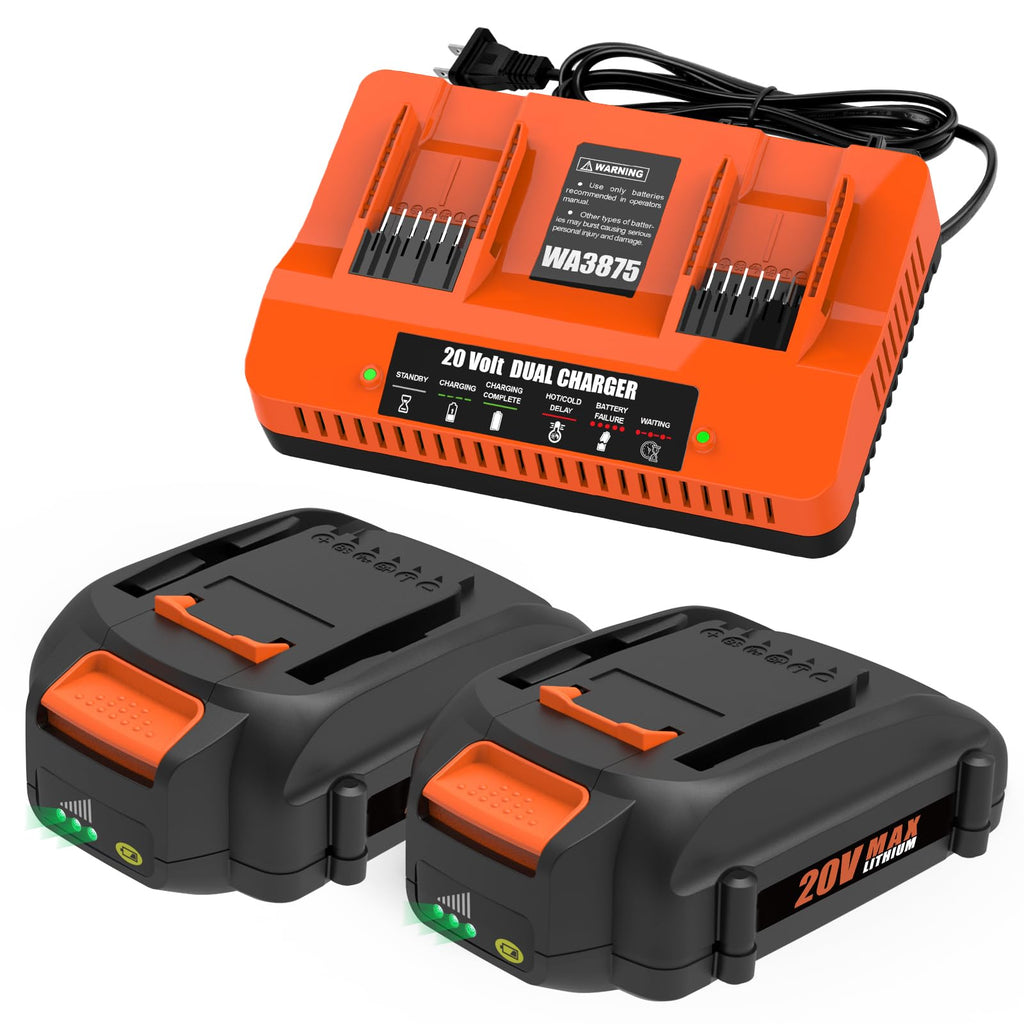 Ahomtikk 20V 3.5Ah Replacement for Worx 20V Battery and Charger Kit Compatible with Worx 20 Volt Battery WA3520 WA3525 WA3575 WA3577 WA3669 and WA3875 Dual Port Charger