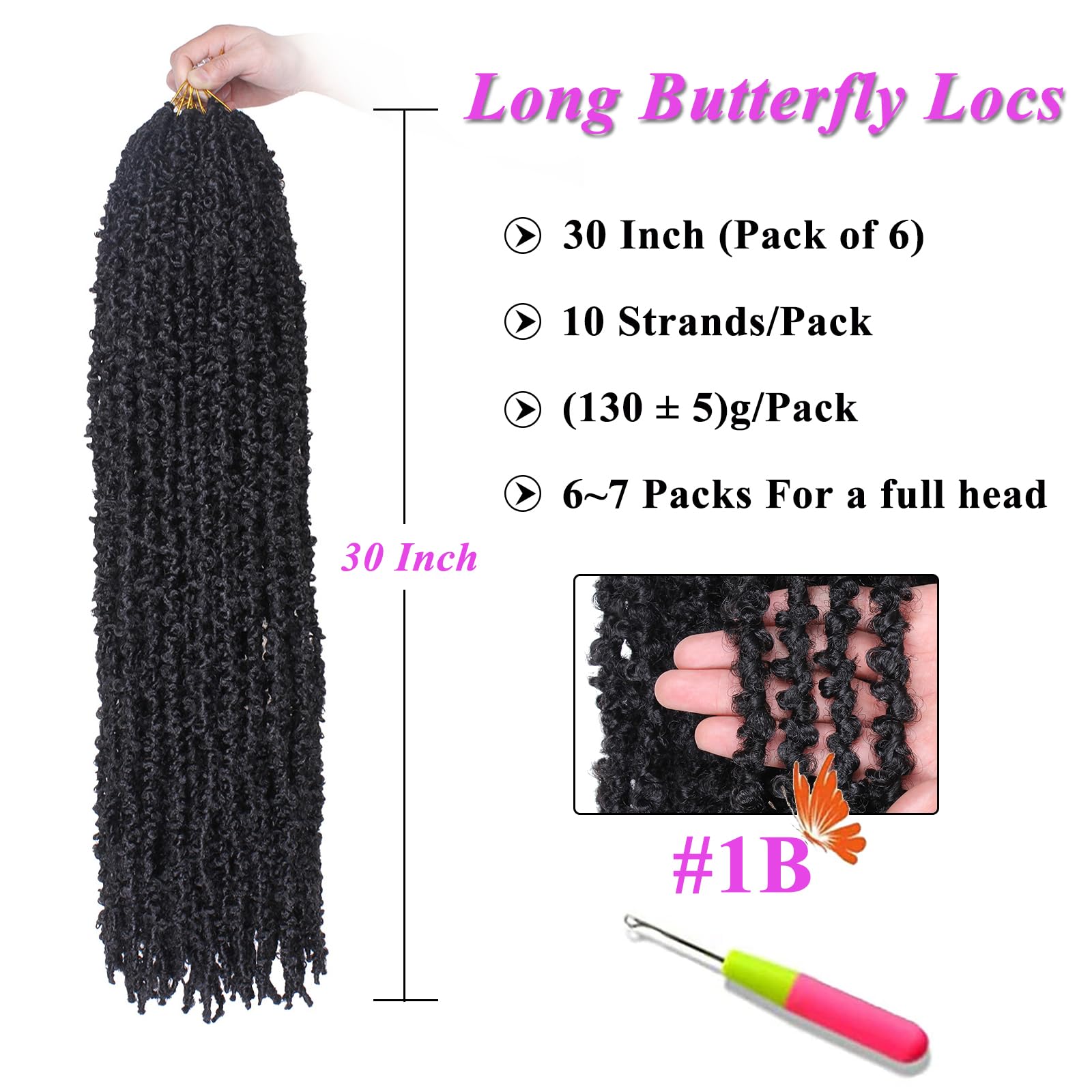 ZRQ 30 Inch Butterfly Locs Crochet Hair 6Packs Lightweight Long Distressed Butterfly Faux Locs Braids Hair Goddess Pre-looped Synthetic Soft Locs Hair Extensions (30 Inch, 1B#)