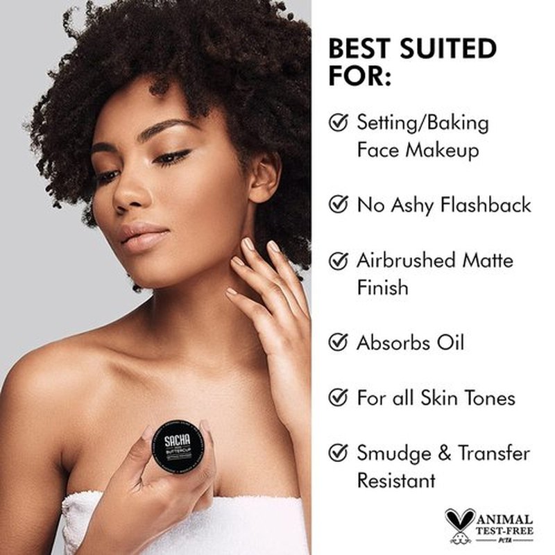 Sacha BUTTERCUP Mini Setting Powder. No Ashy Flashback. Blurs Fine Lines and Pores. Loose, Translucent Face Powder to Set Makeup Foundation or Concealer. For Medium to Dark Skin Tones, 0.35 oz.