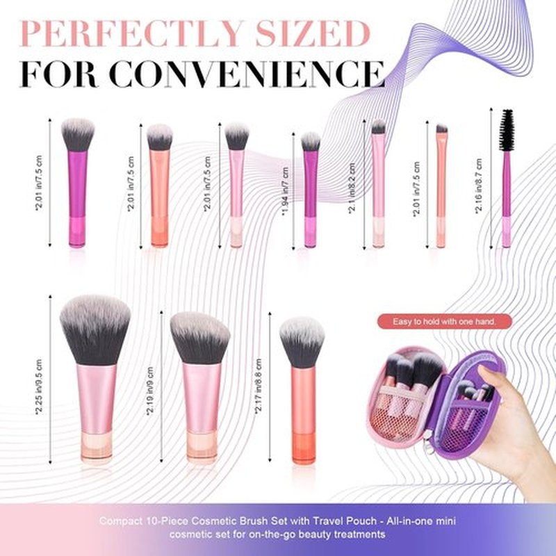Skiennix Portable Mini Travel Makeup Brush Set - 10 Pcs with Soft Synthetic Bristles for Full Face | Compact Pouch Included