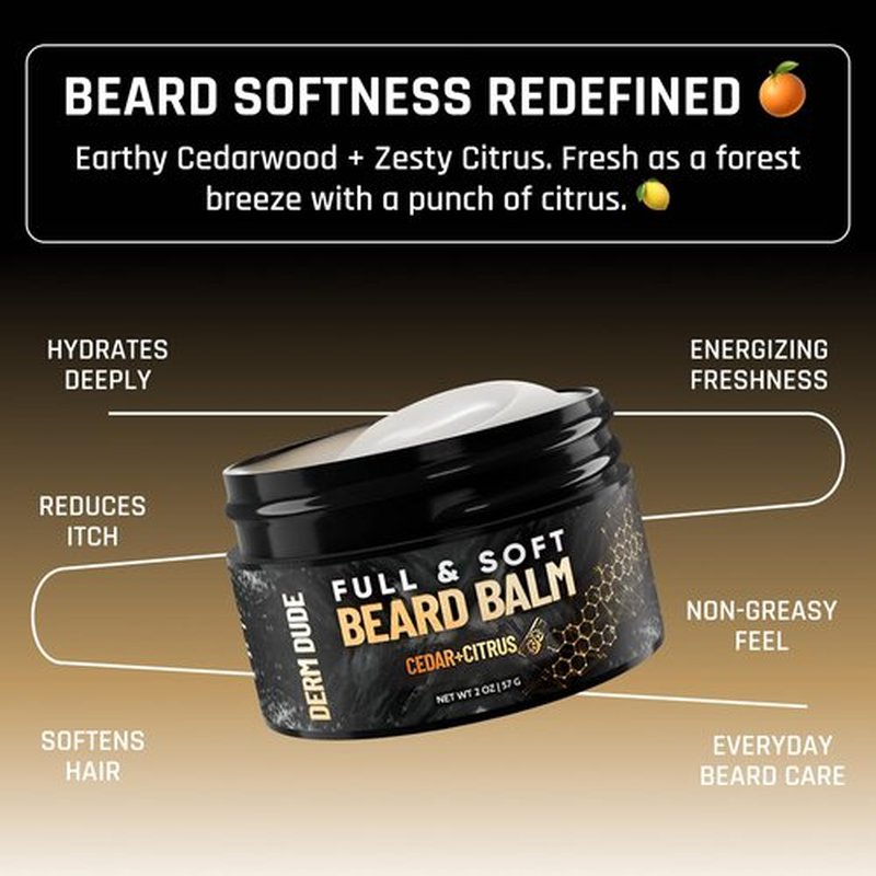 Derm Dude Beard Balm - Conditioning Formula with Natural Oils for Growth & Softness | Cedar & Citrus, 2oz