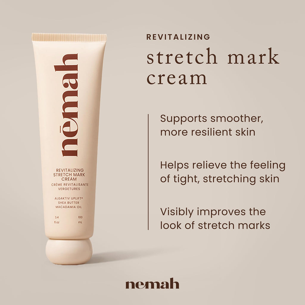 Nemah Stretch Mark Cream for Pregnancy, Moisturizing Belly Cream with Algaktiv UpLift, Shea Butter & Macadamia Oil, Pregnancy Body Cream for Belly, Hips & Thighs, 3.4 oz