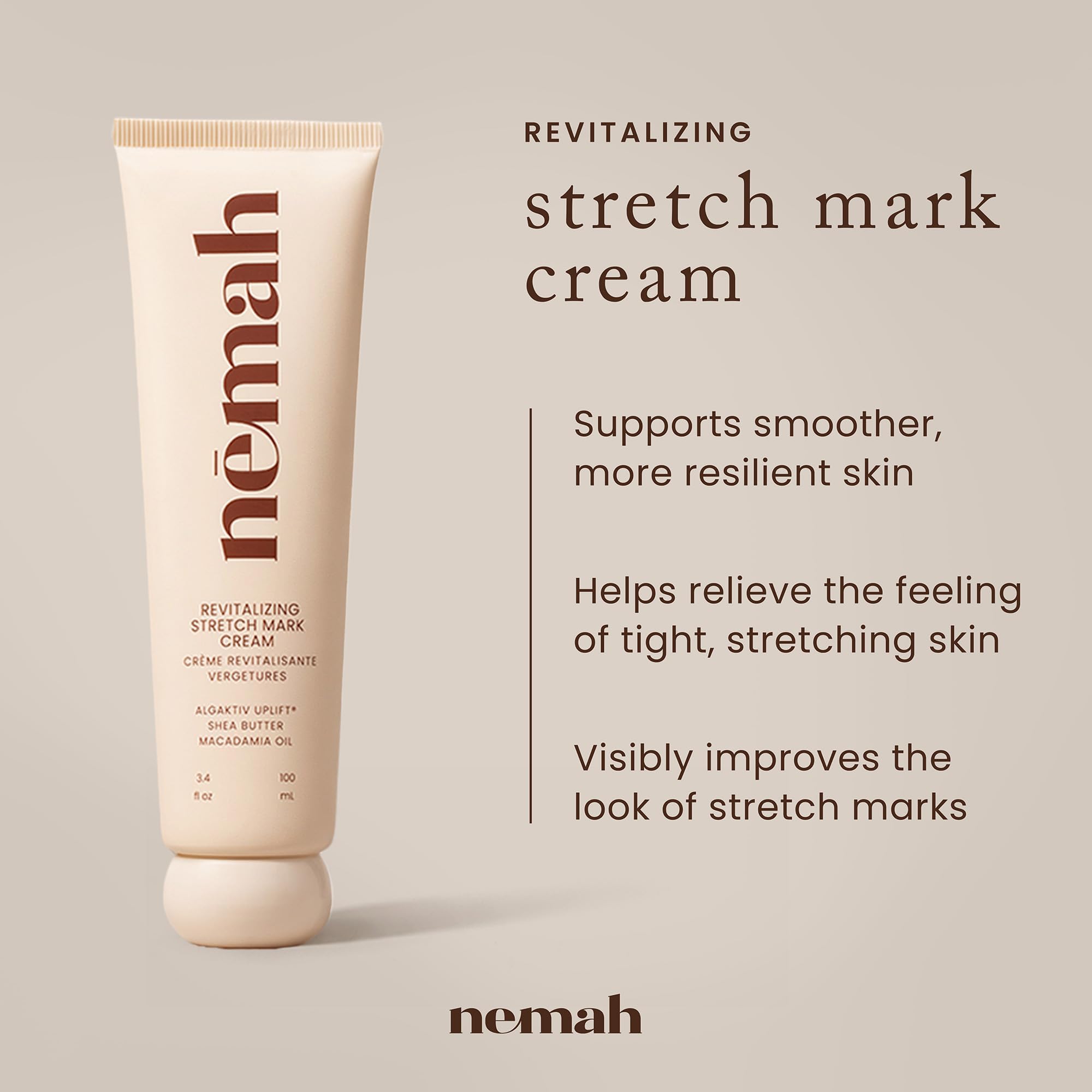 Nemah Stretch Mark Cream for Pregnancy, Moisturizing Belly Cream with Algaktiv UpLift, Shea Butter & Macadamia Oil, Pregnancy Body Cream for Belly, Hips & Thighs, 3.4 oz