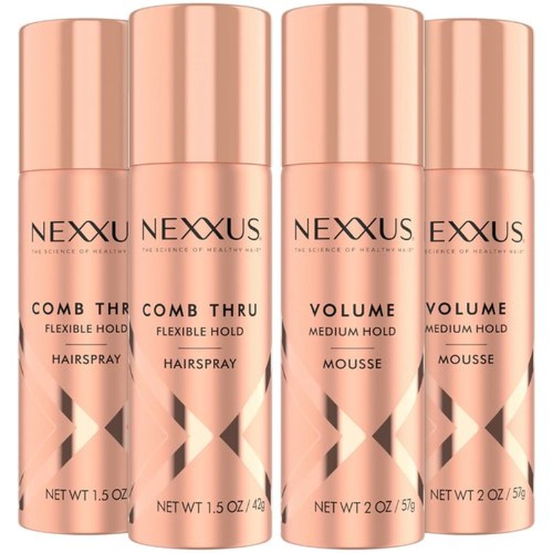 Nexxus Travel Styling Bundle – Comb Thru Flexible Hairspray (1.5 Oz) 2-Pack + Volume Medium Mousse (2 Oz) 2-Pack, Anti-Humidity, Frizz Control, Rose Fragrance