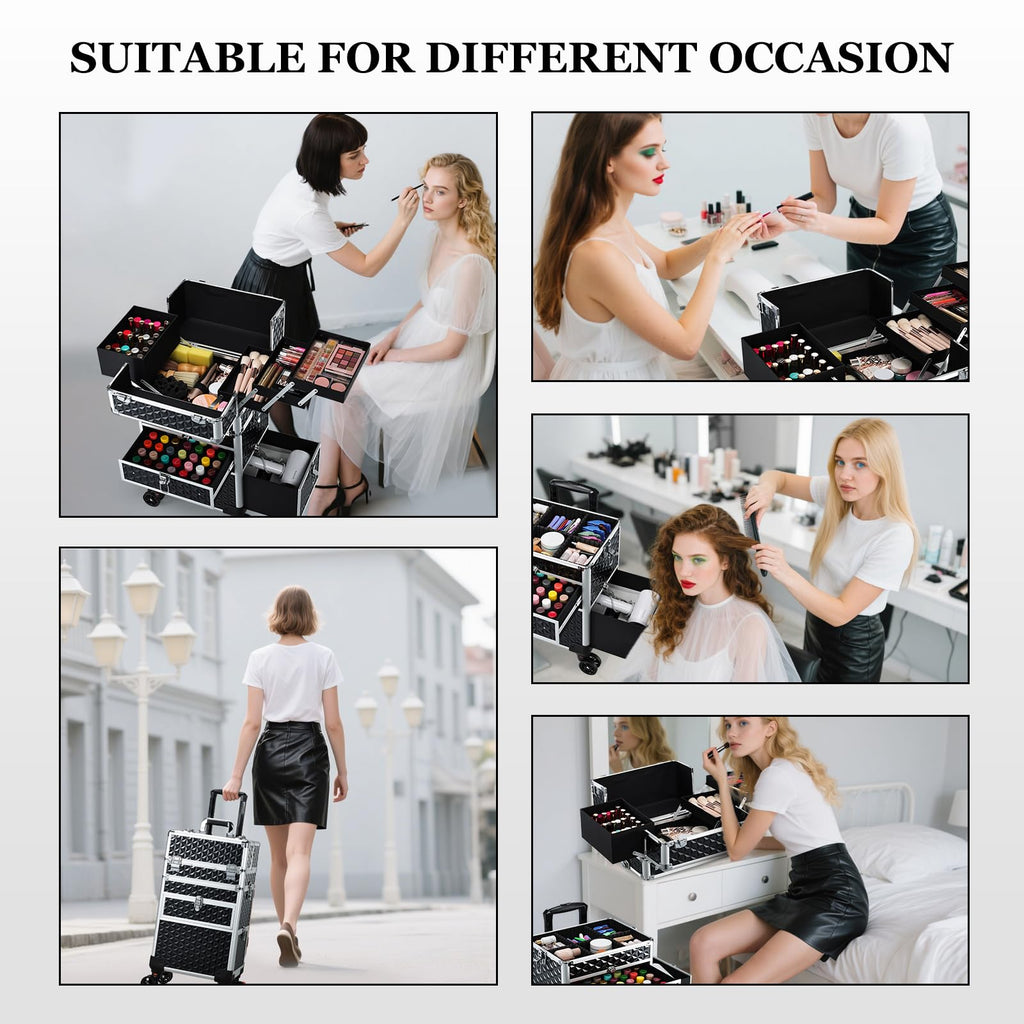 Joligrace Rolling Makeup Case with Drawers - Tattoo Storage Organizer Travel Cart for Nail Tech, Cosmetology, Barber Tools - Portable Suitcase on Wheels