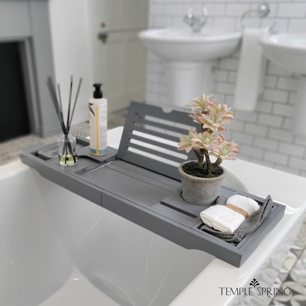 Temple Spring Bamboo Bathtub Tray Caddy for Tub — Expandable Wood Bath Tray with Solid Book Stand Wine Holder and Non-Slip Pads — Includes Bamboo Soap Dish and Spa Accessories — Luxury Bath Gift Set