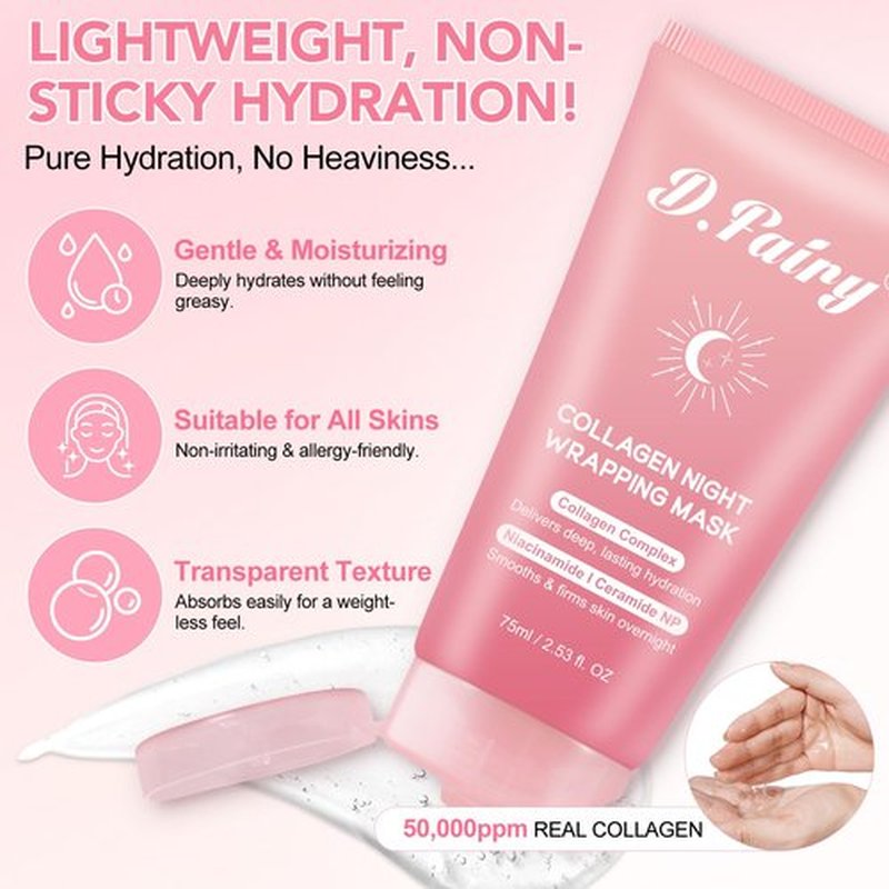D.Fairy Collagen Overnight Wrapping Peel Off Facial Mask Pack - Collagen Night Wrapping Mask - Hydration Care - Reduces Sagging & Dullness - Hydrolyzed Collagen For Glowing Skin, 2.53 fl.oz