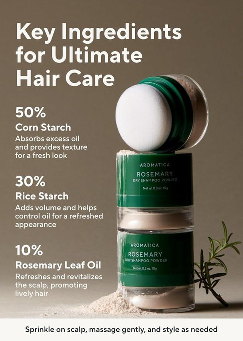 Aromatica Rosemary Dry Shampoo Powder - Travel Size 10g | Volumizing, Oil-Absorbing, Talc-Free Hair Care