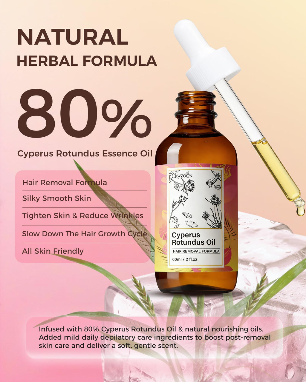 CKWZOQN Cyperus Rotundus Oil, Cyperus Rotundus Oil For Hair Removal, Reducing Body Hair Growth, Soothes Skin & Minimizes Pores, Moisturizing, All Skin Types, 2 Fl Oz