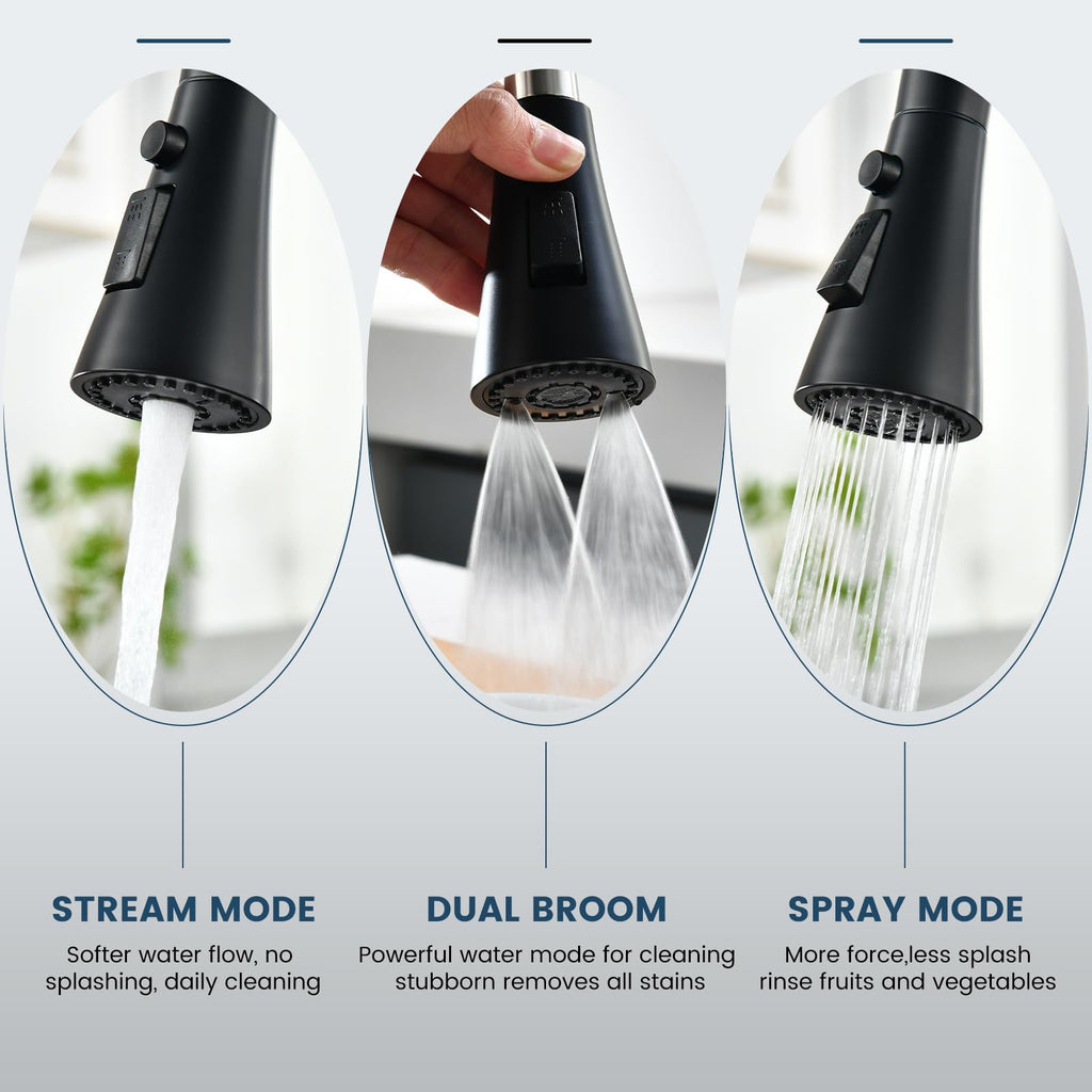 DAYONE Black 2 Handle Kitchen Faucet with Sprayer, 4 Holes Pull Down Faucets for Kitchen Sink with Soap Dispenser Stainless Steel