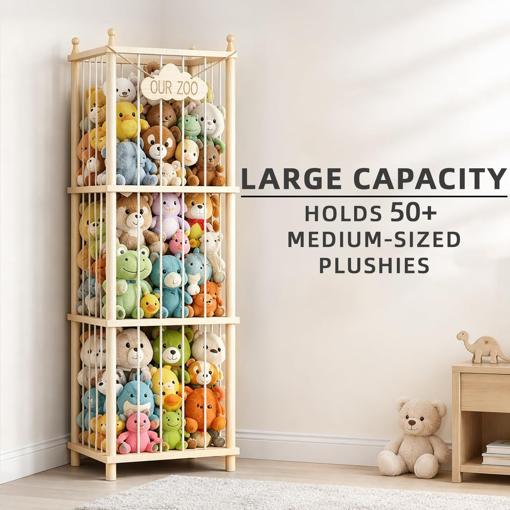 MIRCNY Stuffed Animal Storage Zoo - 54 Inch Large Wooden Toy Organizer | Anti-Tip Design Plushie Storage Rack for Nursery & Playroom | Easy Assembly