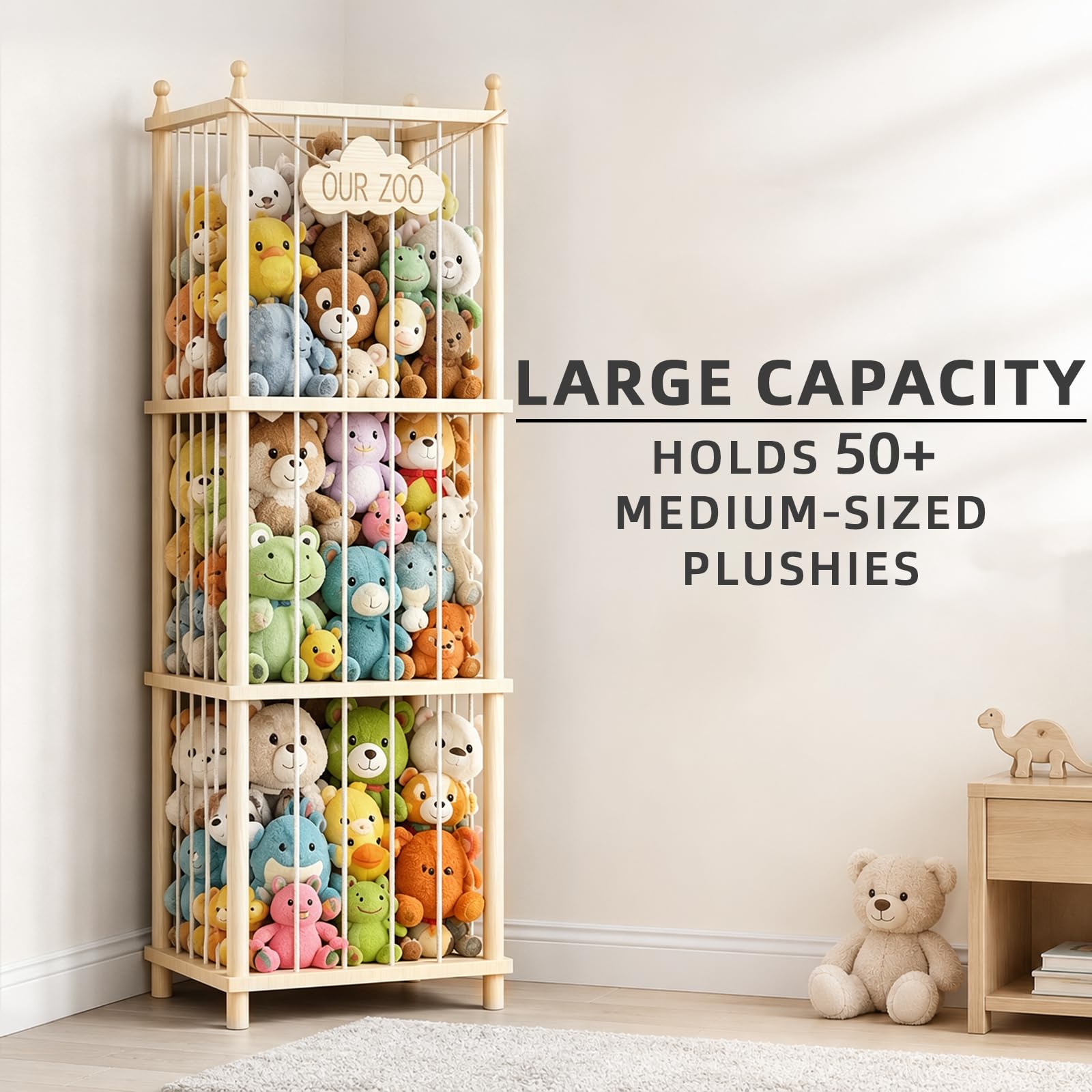 MIRCNY Stuffed Animal Storage Zoo - 54 Inch Large Wooden Toy Organizer | Anti-Tip Design Plushie Storage Rack for Nursery & Playroom | Easy Assembly