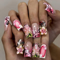 Medium Press on Nails Square Fake Nails with Flower Ladybug Rhinestones Designs French Tip Nails Press ons Leopard False Nails for Women 24Pcs