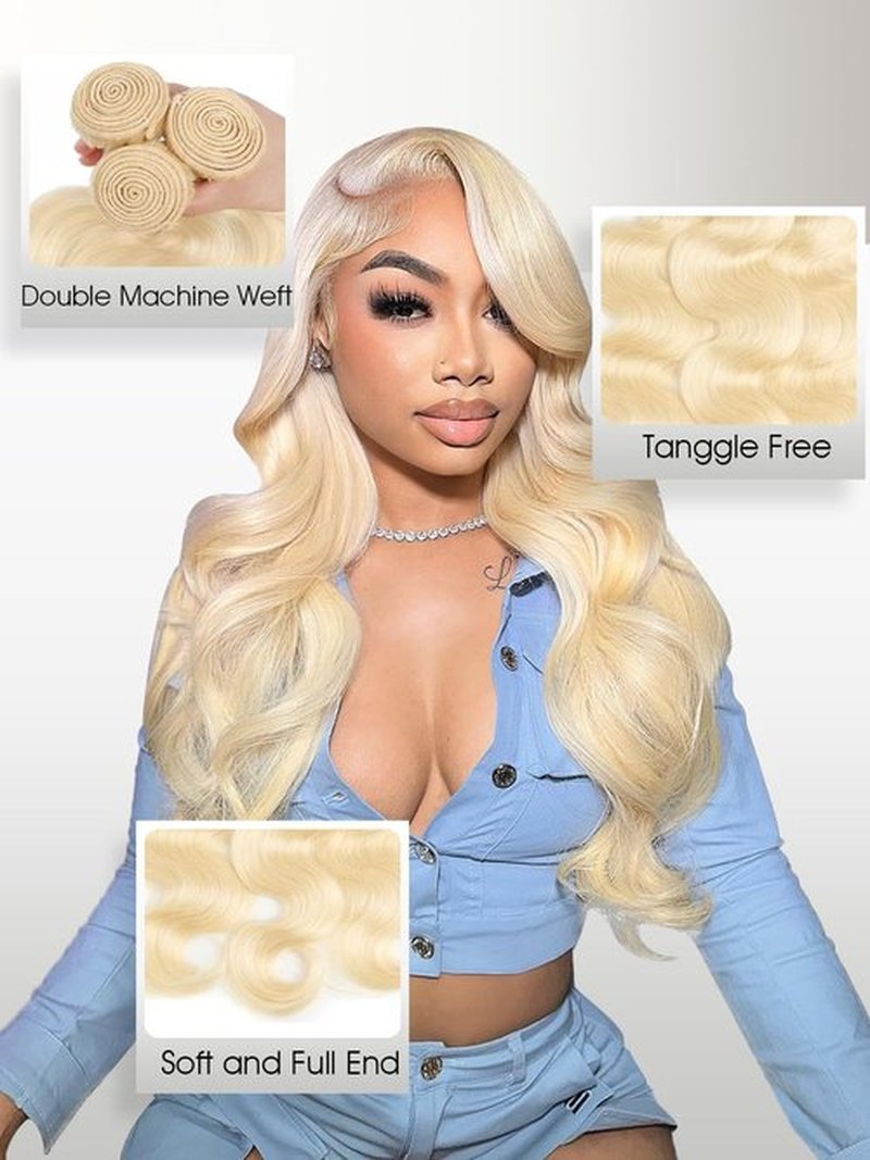 PT.Venus 613 Blonde Bundles Human Hair 14 16 18 Inch Blonde Body Wave Bundles 3 Bundles Human Hair Extensions 100% Unprocessed 12A Grade Brazilian Virgin Human Hair for Women