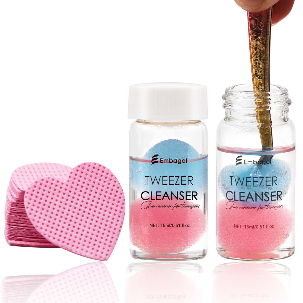 Embagol Tweezer Cleanser for Eyelash Extensions with Nail Wipes Lint Free Glue wipes Tweezers Glue Remover Liquid for Lash Tools with 2 Spongeballs Kit(2 Bottles Cleanser+1 Glue Wipes)
