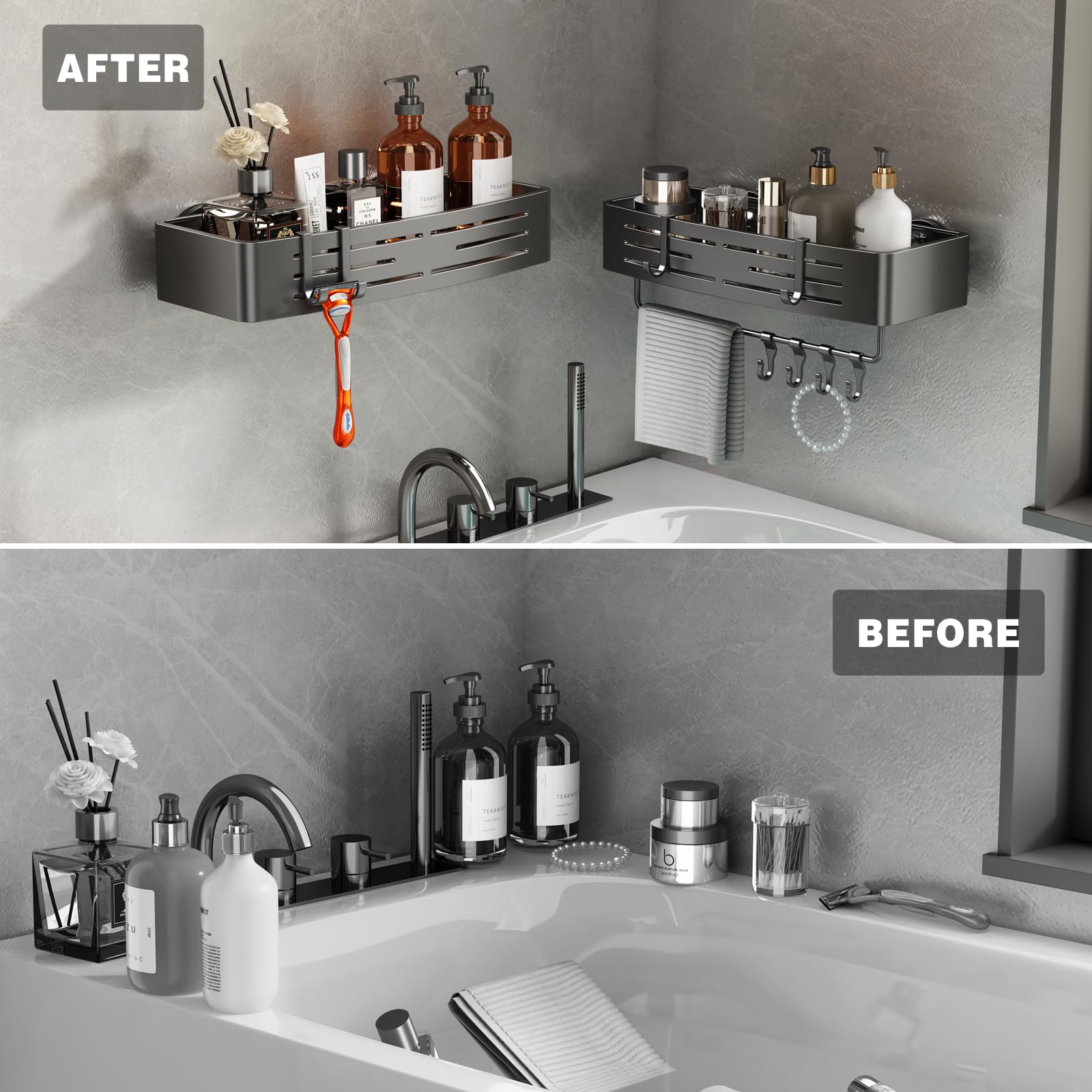 Voldra Shower Caddy Suction Cup, 2 Pack Shower Shelves for Inside Shower No Drilling, Aluminum Suction Showers Organizer with Towel Bar & Hooks Removable Bathroom Shelf Storage Rack(Gray)