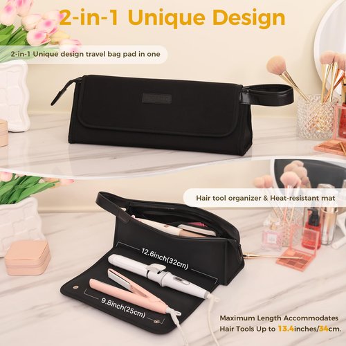 JKAOO Hair Tools Travel Bag and Heat Resistant Mat, 2 in 1 Portable Organizer Hair Travel Case for Curling Iron, Hair Straightener, Flat Irons, PU Hangable Handle, Neoprene (Elegant Black)
