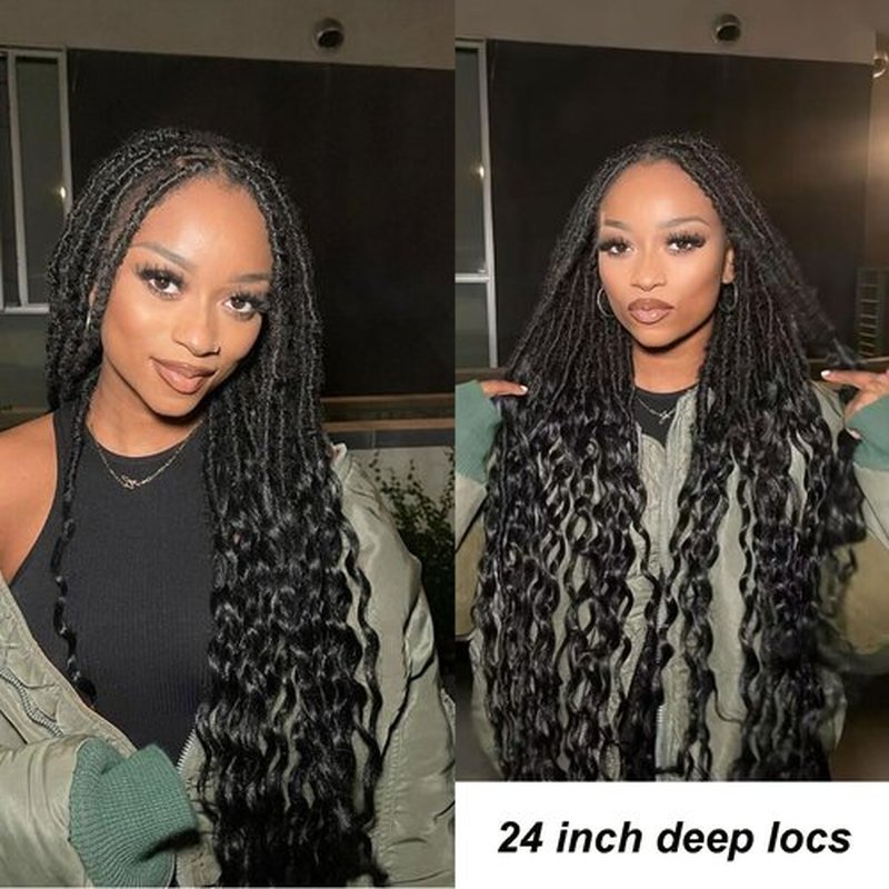 Deep Faux Locs Crochet Hair Pre Looped 8 Packs 24 Inch Soft Locs Crochet Hair for Black Women Boho Goddess Locs Crochet Braids with Curly Ends Dreadlocs Synthetic Hair Extension 1B