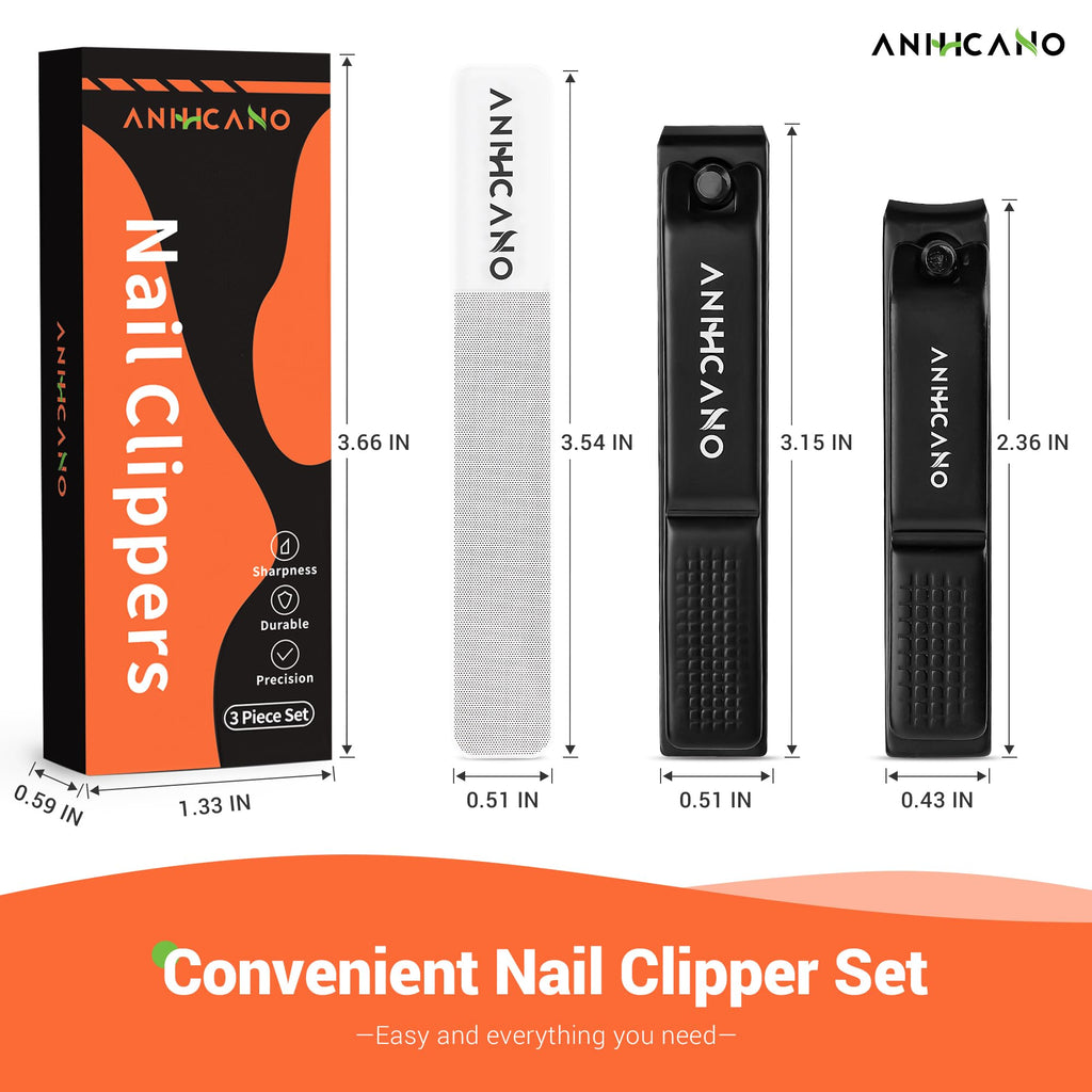 Nail Clippers with Glass Nail File, Ultra Sharp Nail Clipper Set, Professional Fingernail & Toenail Clippers Nail Cutter for Men and Women (Black)