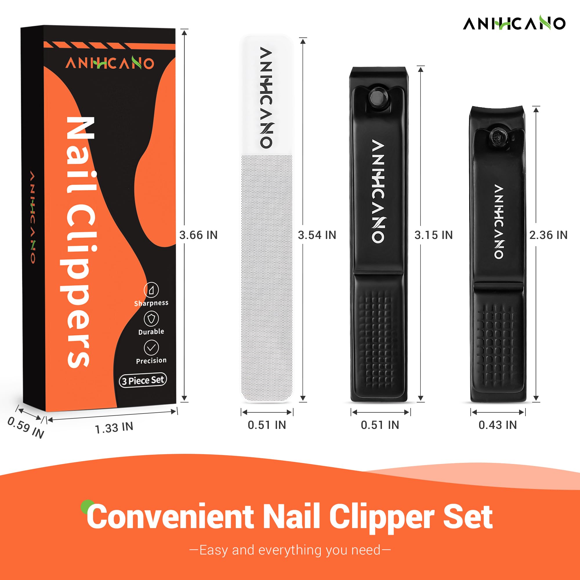 Nail Clippers with Glass Nail File, Ultra Sharp Nail Clipper Set, Professional Fingernail & Toenail Clippers Nail Cutter for Men and Women (Black)