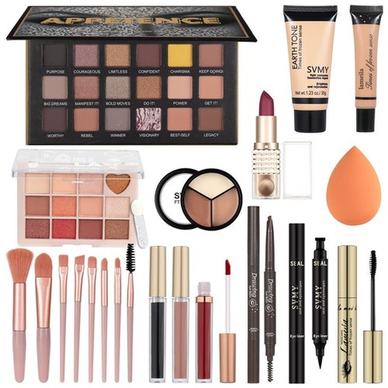 All in One Makeup Kit for Teen Girls - Gift Set with Eyeshadow, Lipsticks, Eyebrow Pencil & Cosmetic Brush