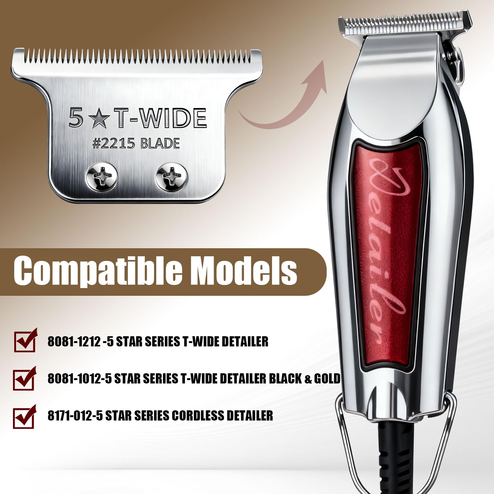 Replacement 2215 T Wide Blades Adjustable Trimmer Blade compatible with Wahl Professional 5 Star Series 8081 and 8171 Hair Clippers Blades-Model 2215 (2Pcs Silve)