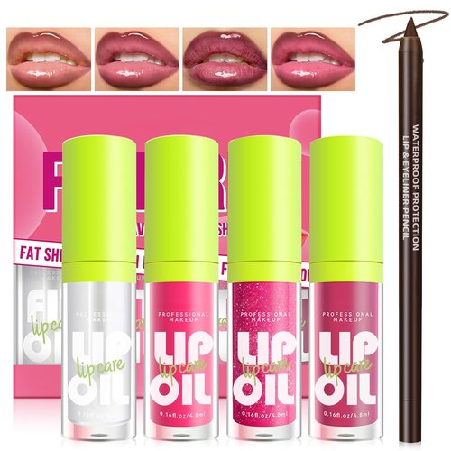 HOSAILY Hydrating Lip Oil & Liner Set - Plumping Gloss with Shiny Glow | Moisturizing Pink Glitter