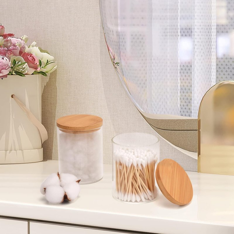 BKYFPQ Glass Qtip Holder Dispenser Set - Stylish Apothecary Jars with Lids | Makeup & Bathroom Organizer