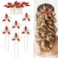 Dizila 7 Pieces Decorative Red Party Prom Wedding Bridal Rhinestone Hair Side Comb+U-shaped Hair Pins Accessories for Women Girls Brides Bridesmaids