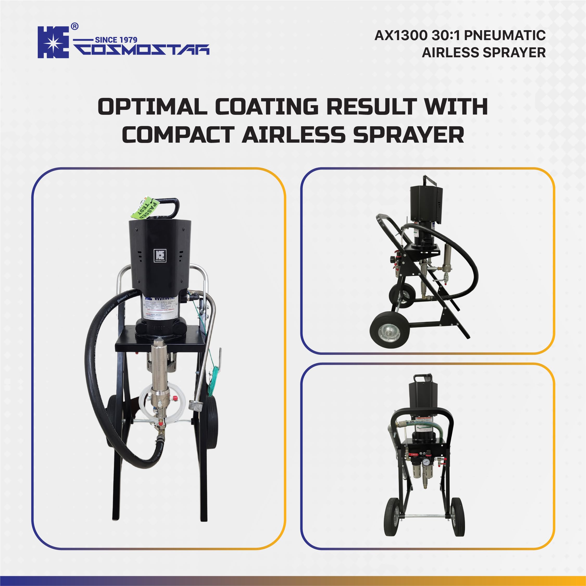 Cosmostar AX1300 30:1 Pneumatic Airless Sprayer, Max Fluid Working Pressure 3600 PSI, High Efficiency Paint Spray, Powerful Machines for Protective coatings. Cart Full Set with Gun,Tip, & Hose.