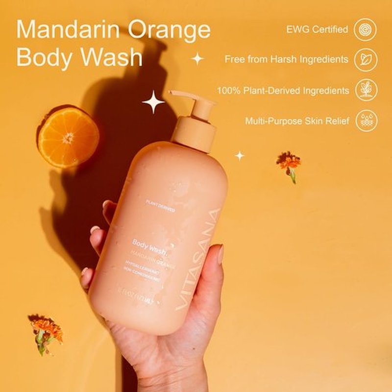 Natural Body Wash - Mandarin Orange Scent for Sensitive Skin | 16 oz, EWG Verified, Hypoallergenic