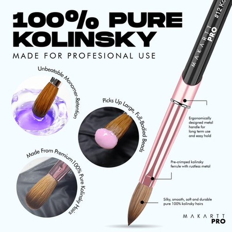 MakarttPro Kolinsky Acrylic Nail Brush Size 10 - 100% Pure Kolinsky Hair for Smooth Application & Control