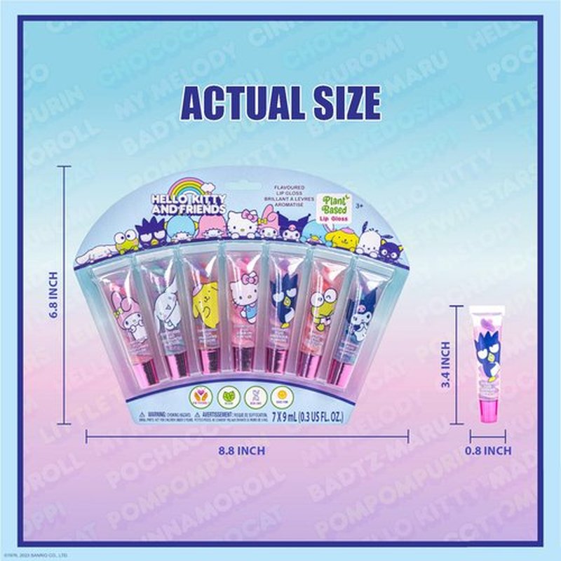 Townley Girl Hello Kitty and Friends 7 Piece Swirl Lip Gloss, Girls Kids Party Favors, Lip Set for Girls, Perfect for Birthday Gifts, Plant Based, Ages 3