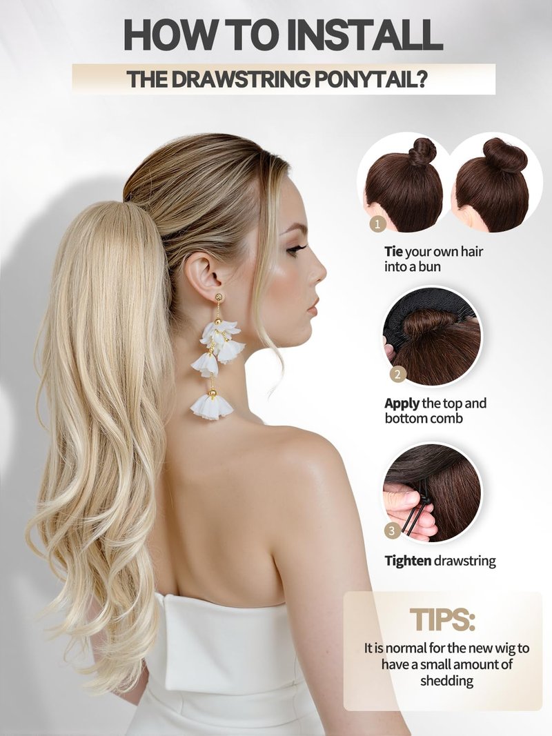 WIGER Ombre Blonde Ponytail Extension 26 Inch Drawstring Ponytail Extension for Women Long Wavy Layered Christmas Pony Tails Hair Extensions for Girls Daily Use