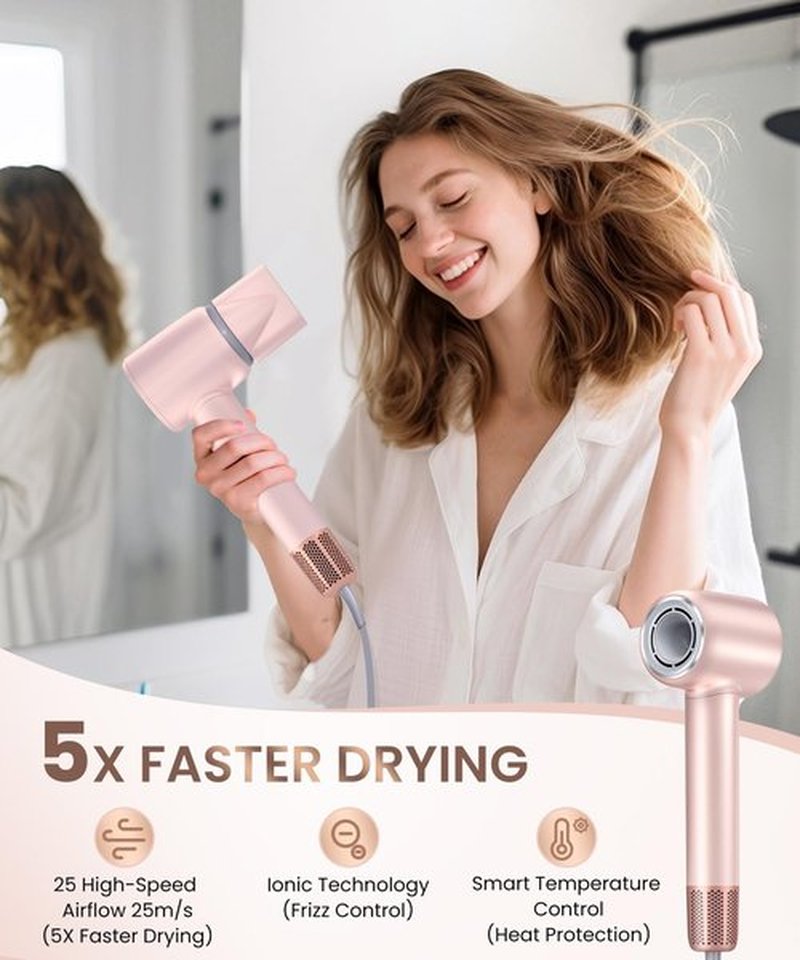 Meditoross Hair Dryer, Professional 140000 RPM High-Speed Brushless Motor Negative Ionic Low Noise Blow Dryer for Fast Drying, Thermo-Control Quiet with Magnetic Nozzle for Home Travel Salon Use,Pink
