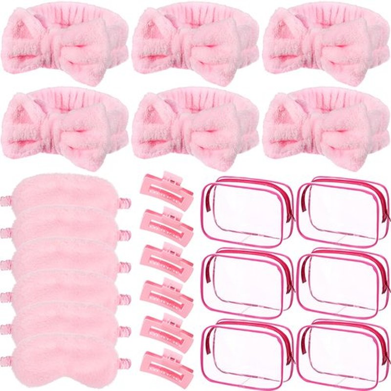 Hoteam 24 Pcs Spa Party Favors Supplies 6 Spa Headband 6 Plush Sleep Eye Mask 6 Hair Claw Clips 6 Clear Cosmetic Bags for Adult Sleepover Slumber Party Graduation Gift(Pink)