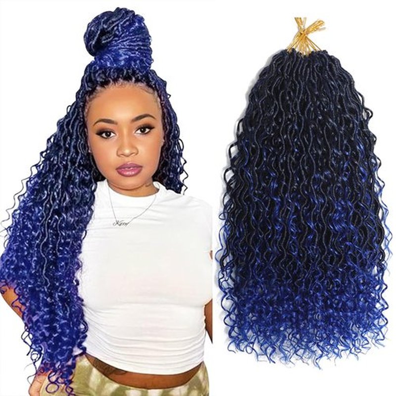 1B/Blue Boho Faux Locs Crochet with Curly Ends 8 Packs Goddess Locs Crochet Hair Pre Looped Crochet Braids Synthetic Hippie Hair Extentions (1B/Blue,18 Inch)