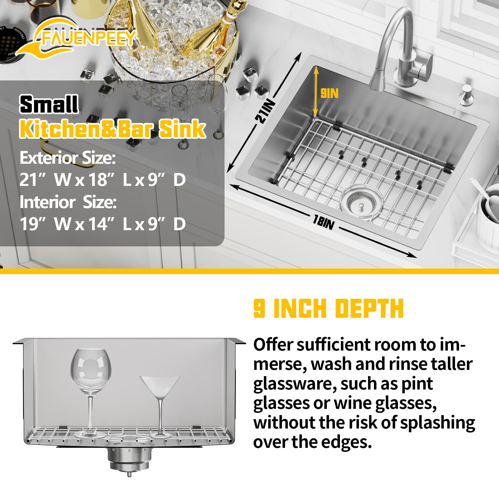 21x18In Stainless Steel Kitchen And Bar Sink - Small Undermount Single Bowl Drop In Staylish Kitchen&Bar Sink Ideal Choice For Small Space, Prep Area, RV With Bottom Grid,Soap Mat And Drain Assembly