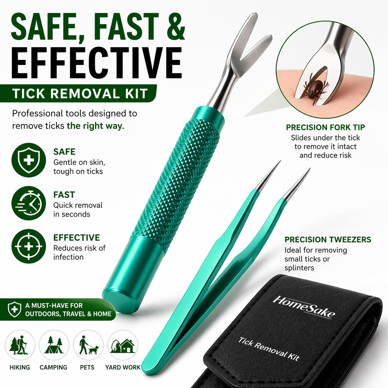 Homesake Tick Remover Tool for Dogs, Cats & Humans | Deer Tick Remover Kit | Stainless Steel Tick Removal Tool with Fine Tip Tweezers | Removes Entire Tick Head & Body | Pouch & ID Card