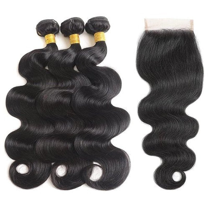 Bundles with Closure Human Hair 3 Bundles with Closure（16 18 20+14） Body Wave Bundles with 5x5 Lace Closure Free Part Natural Black Color