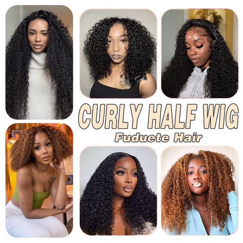 Fuduete 16 Inch Curly Half Wig Human Hair 200% Density Glueless Wigs Upgrade 3 IN 1 Half Wig With Drawstring Seamless Clip Ins Flip Over Kinky Curly Human Hair No Glue No Lace For Women