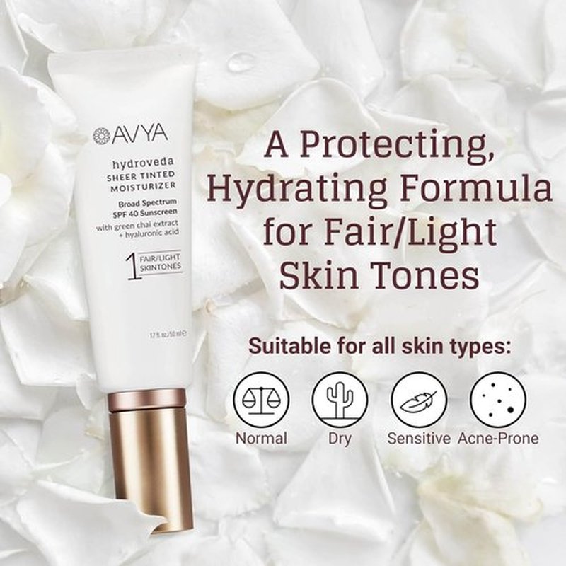 AVYA SPF 40 Sheer Tinted Moisturizer - Hydrating Hyaluronic Acid & Green Chai for Brighter Skin | Fair & Light Shade (1.7oz/50ml)