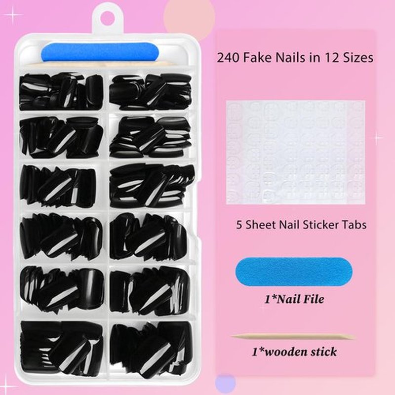 AddFavor Black Press on Nails Short Square Fake Nails, 240pc Short Nails Press ons 12 Sizes Squoval False Acrylic Nail Stick on Nails for Women